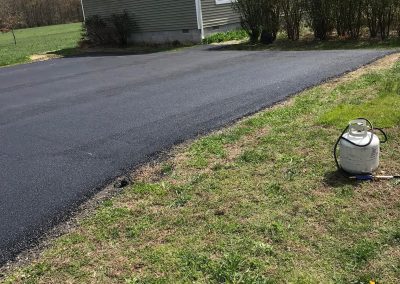 A green house with a paved driveway and a propane tank on the grass nearby.