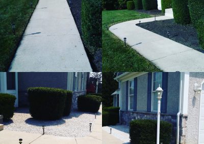 Sidewalk and house with shrubs and gravel landscaping in different views.