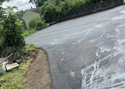 Rural road with overgrown bushes and weathered markings