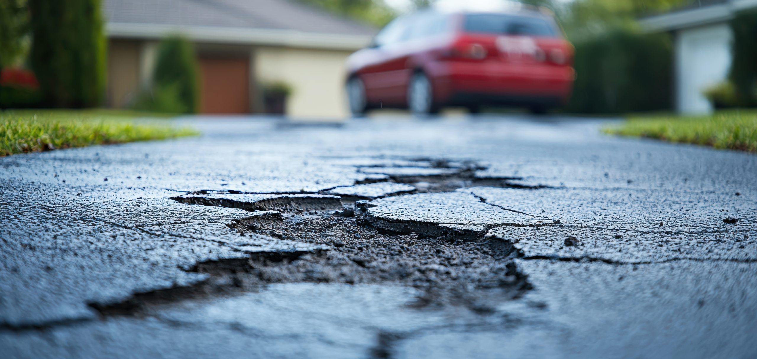 Cracked asphalt driveway with car in the background, focused detail on pavement damage. Cracked Driveways and Faded Parking Lots? How Asphalt Resurfacing Can Restore Your Surfaces Close-up of cracked pavement with a red car and a suburban house in the blurred background.